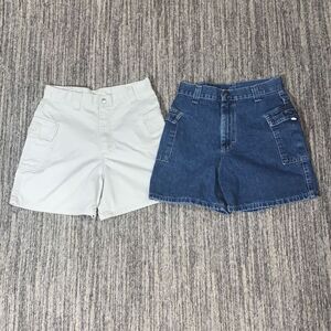 VTG Denim Riders Girls 16 Lot of 2 High Rise Cargo Shorts Tan Blue Cotton‎ USA